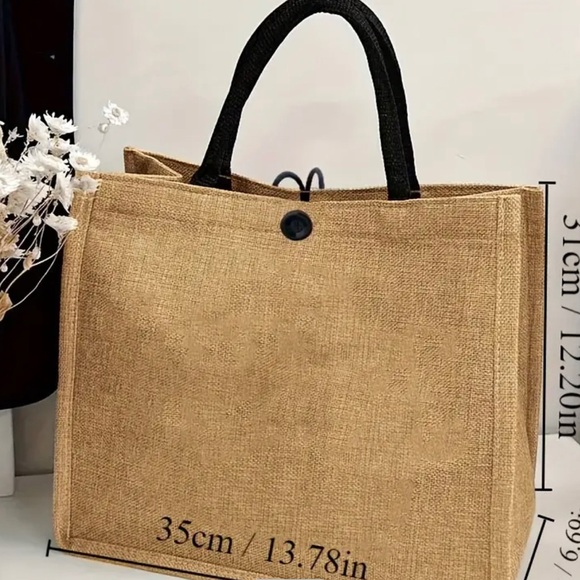 Fashion Burlap Tote Bag Shoulder Shopping Bag, Commuting, School, Travel Handbag - Picture 2 of 3